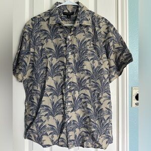 2022 Banana Republic Shirt Mens 100% Linen Palm Print SS Button Up - M Tan Blue